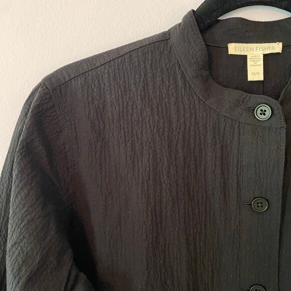 Eileen Fisher Women's XS Black Crepe Button Down Jacket Cotton Mandarin Collar - Picture 3 of 10